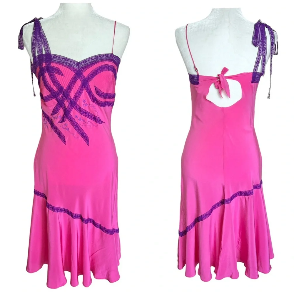 Betsey Johnson Retro Pink Silk Lace Midi Slip Dress Size 6 NWT
